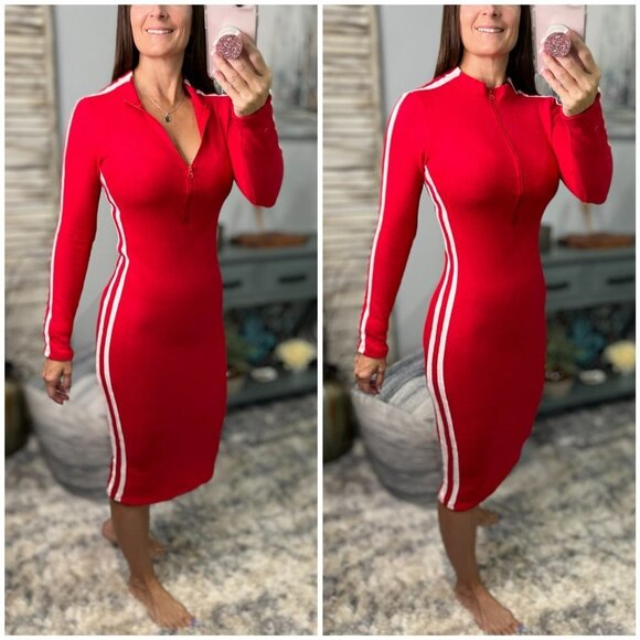 Dresses & Skirts - Sporty Athletic Hacci Lightweight Varsity Sweater Contrast Dress Red 0124